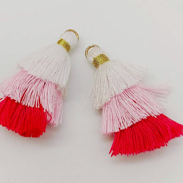 White,Pink and Cerise Pink Small Cotton Tassels in Three Layers With Gold Colour Brass Loop Ring, Tassel Charms x 5